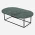 Glossy oval marble coffee table with India Green marble top and sleek metal legs, stylish centerpiece for modern living rooms.