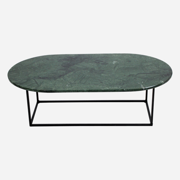 Glossy oval marble coffee table in India Green with a sleek design, featuring a polished surface and modern style.