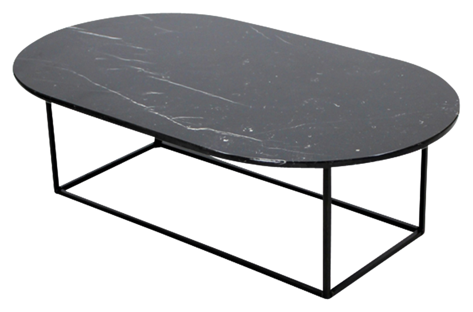 Glossy oval marble coffee table in Nero Marquina black with sleek design and polished finish, perfect for modern living rooms.