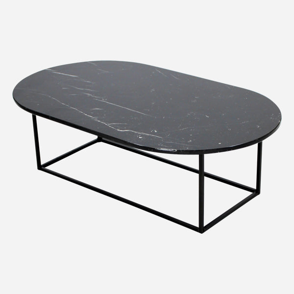 Glossy oval marble coffee table in Nero Marquina black with sleek, modern design and smooth surface.