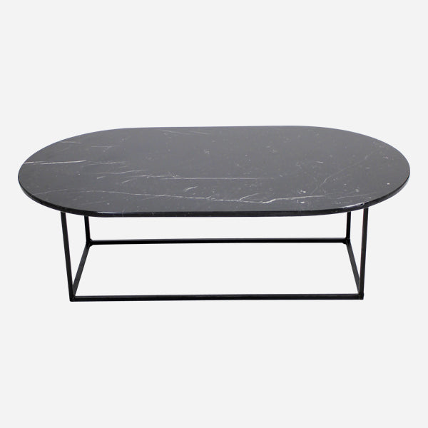 Glossy oval Nero Marquina black marble coffee table with sleek design, featuring a polished surface and modern aesthetic.