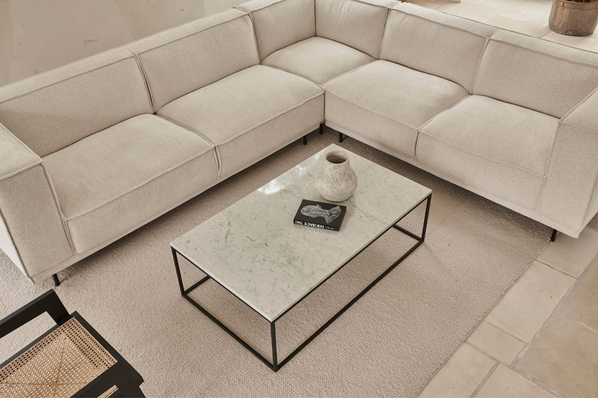 Rectangular Bianco Carrara white marble coffee table with glossy finish, showcasing elegant natural marble veining and modern design.