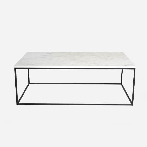 Rectangular Bianco Carrara white marble coffee table with glossy finish, showcasing elegant natural veining and modern design.