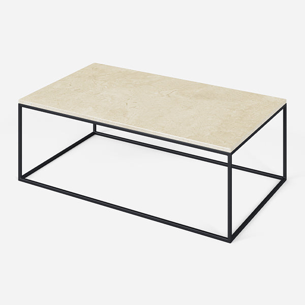 Rectangular Crema Marfil beige marble coffee table with glossy finish, showcasing elegant natural stone pattern.