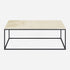 Glossy rectangular marble coffee table in Crema Marfil beige with sleek design, perfect for modern living rooms