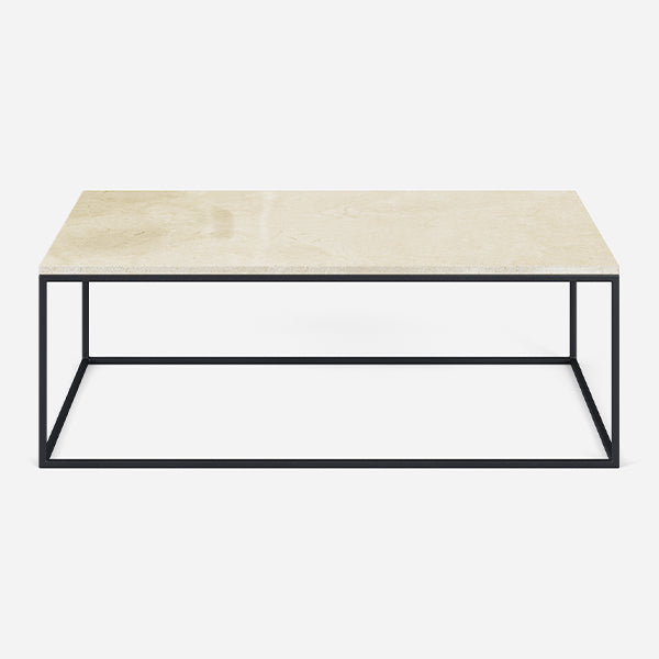Glossy rectangular marble coffee table in Crema Marfil beige with sleek design, perfect for modern living rooms