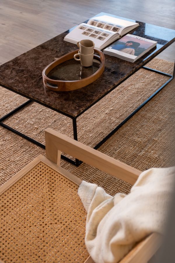 Dark Emperador brown rectangular marble coffee table with a glossy finish, ideal for modern living room decor.