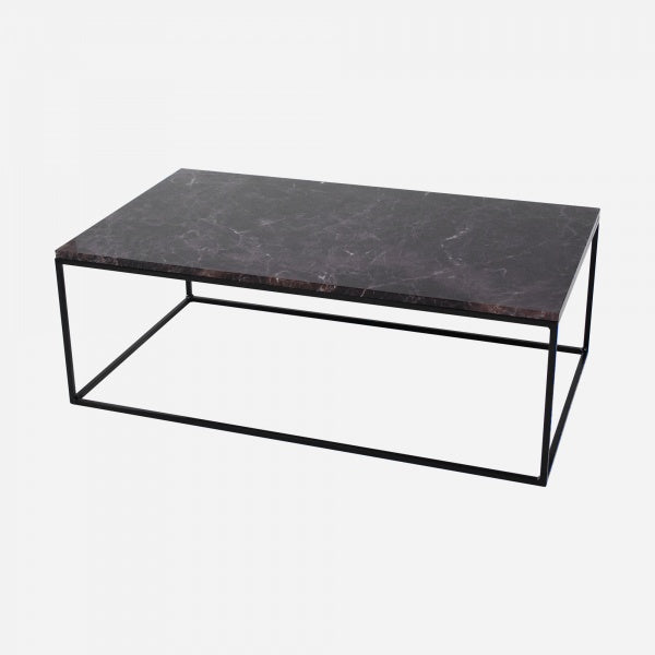 Dark Emperador brown rectangular marble coffee table with glossy finish, featuring a sleek modern design.