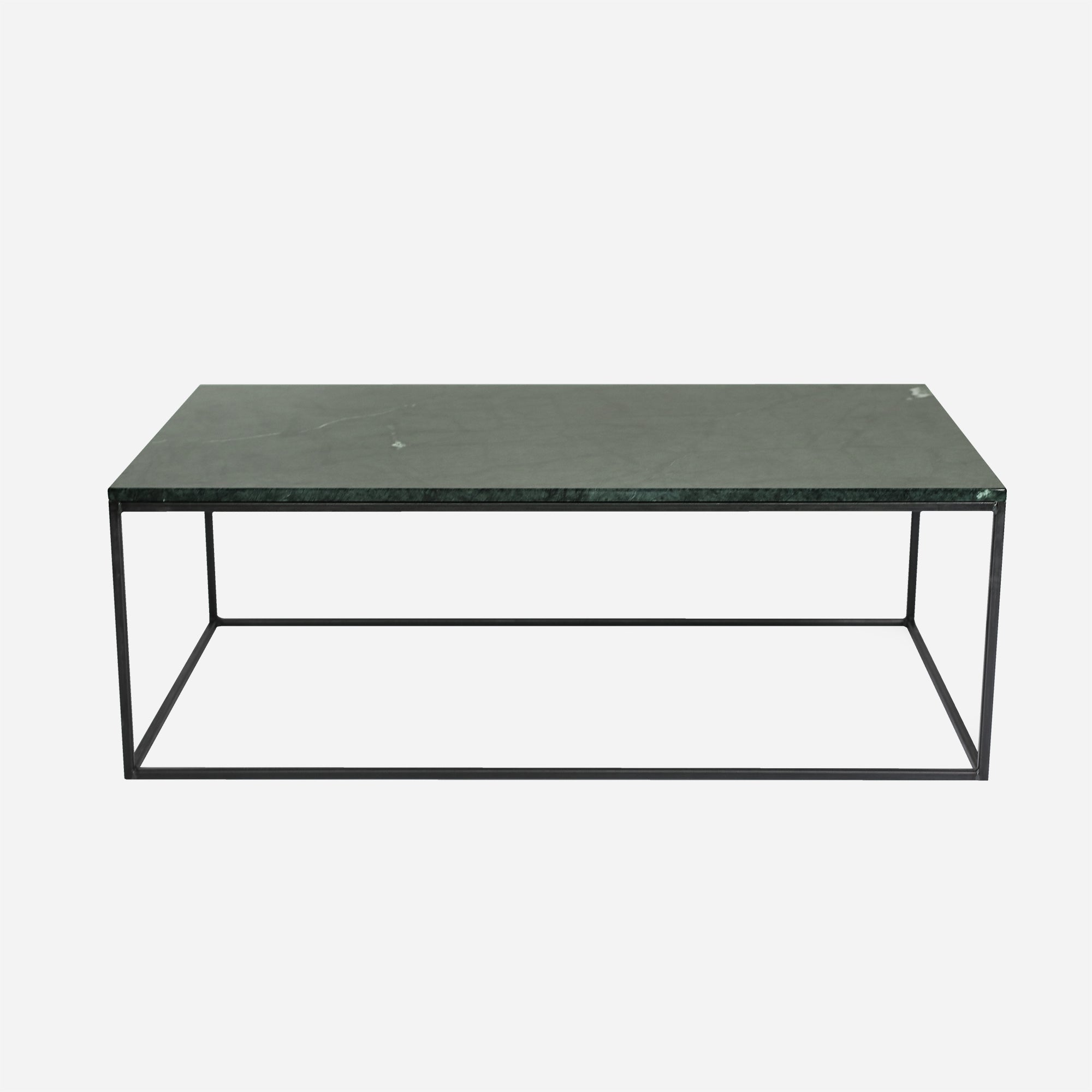 Glossy rectangular marble coffee table in India Green with a sleek modern design, featuring a polished surface and sturdy base.