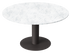 KIYO round dining table with Bianco Carrara white marble top, grey-brown center-leg, showing glue residue and a small side dent