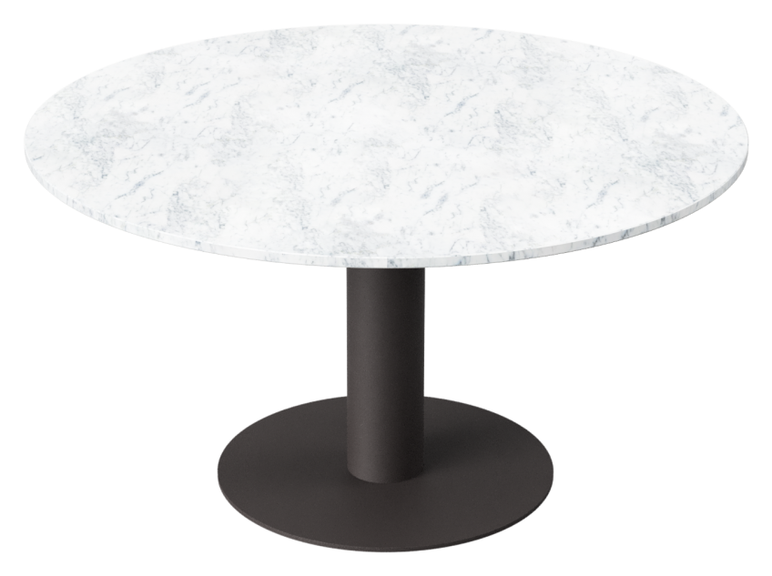 KIYO round dining table with Bianco Carrara white marble top, grey-brown center-leg, showing glue residue and a small side dent