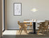 Round KIYO dining table with Bianco Carrara white marble top, grey-brown center-leg, showing glue residue and a small side dent.