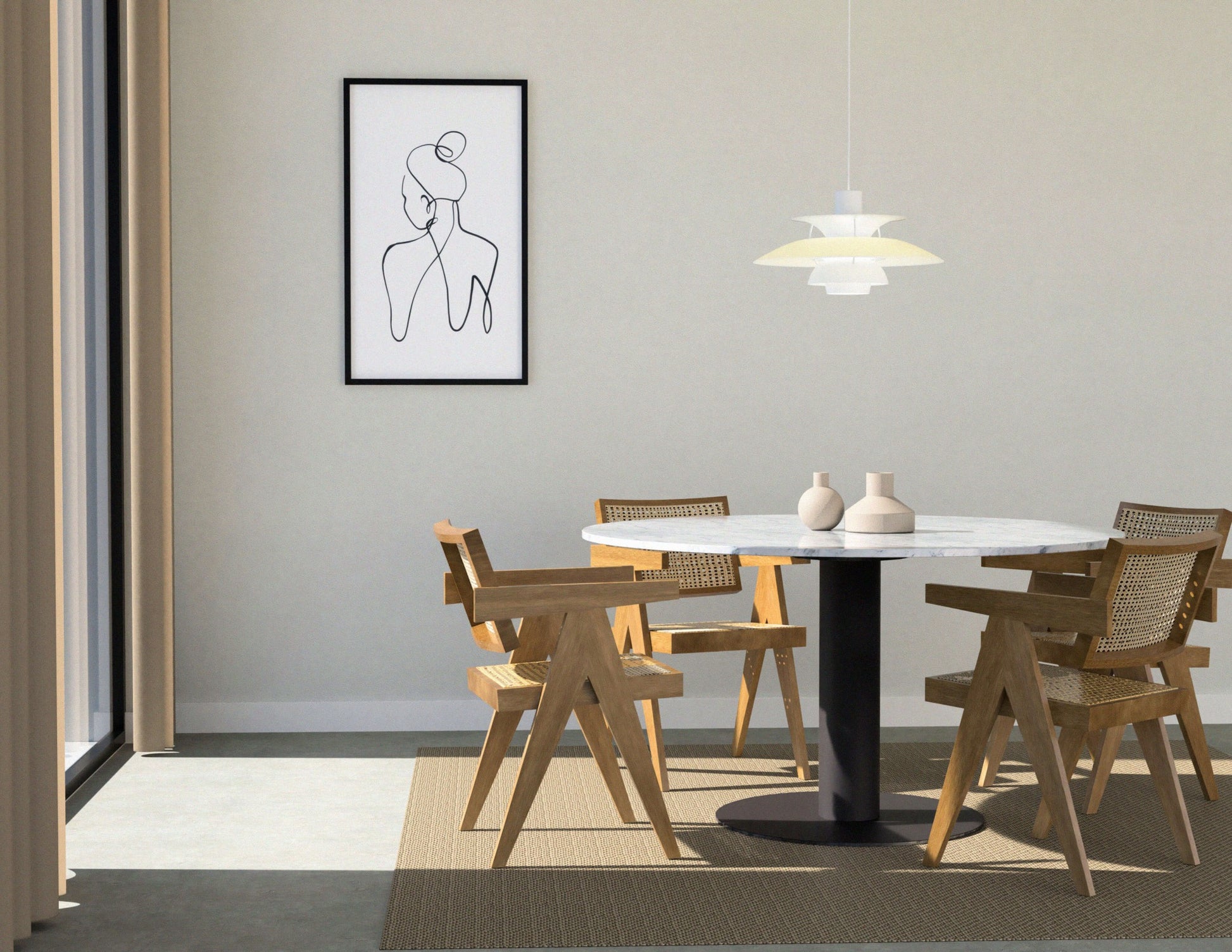 Round KIYO dining table with Bianco Carrara white marble top, grey-brown center-leg, showing glue residue and a small side dent.