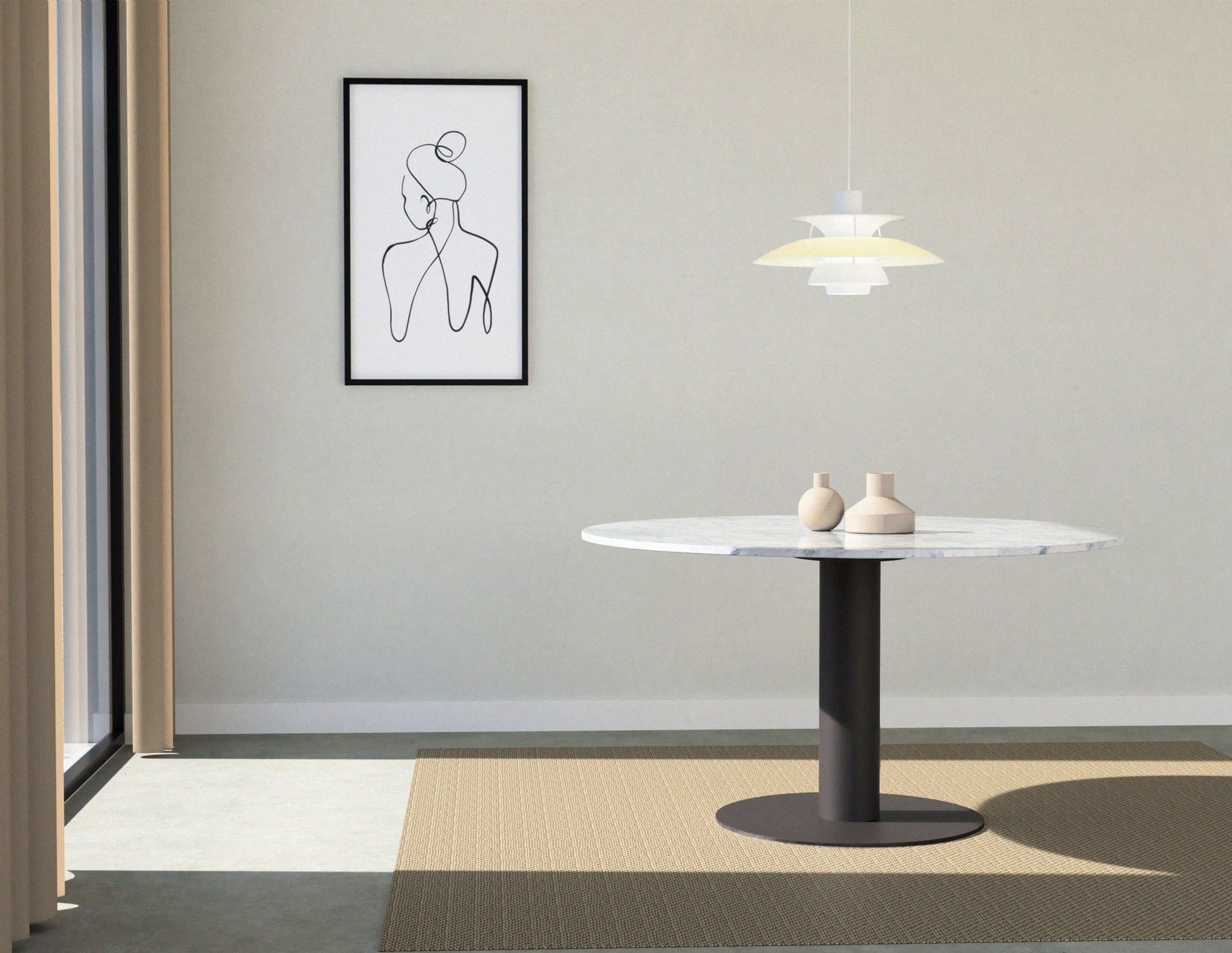 KIYO round dining table by My Store with Bianco Carrara white marble top, grey-brown center-leg, showing glue residue and small side dent.