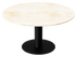 KIYO round dining table with travertine top and black center-leg, showing slight side damage and small stains in the image.