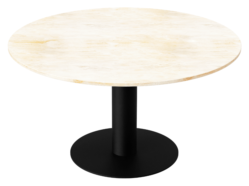 KIYO round dining table with travertine top and black center-leg, showing slight side damage and small stains in the image.