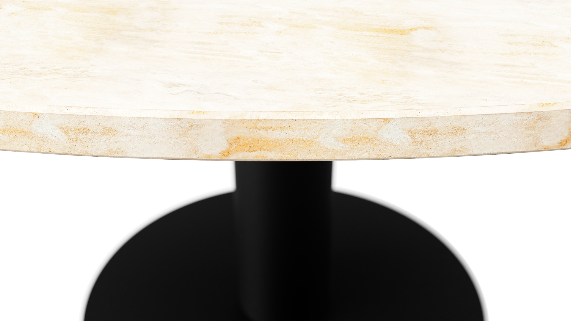 KIYO round dining table in travertine with black center-leg, showcasing a slight side damage and small stains.