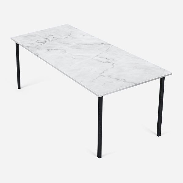 Rectangular Bianco Carrara white marble dining table with four legs, glossy finish, ideal for modern dining rooms.