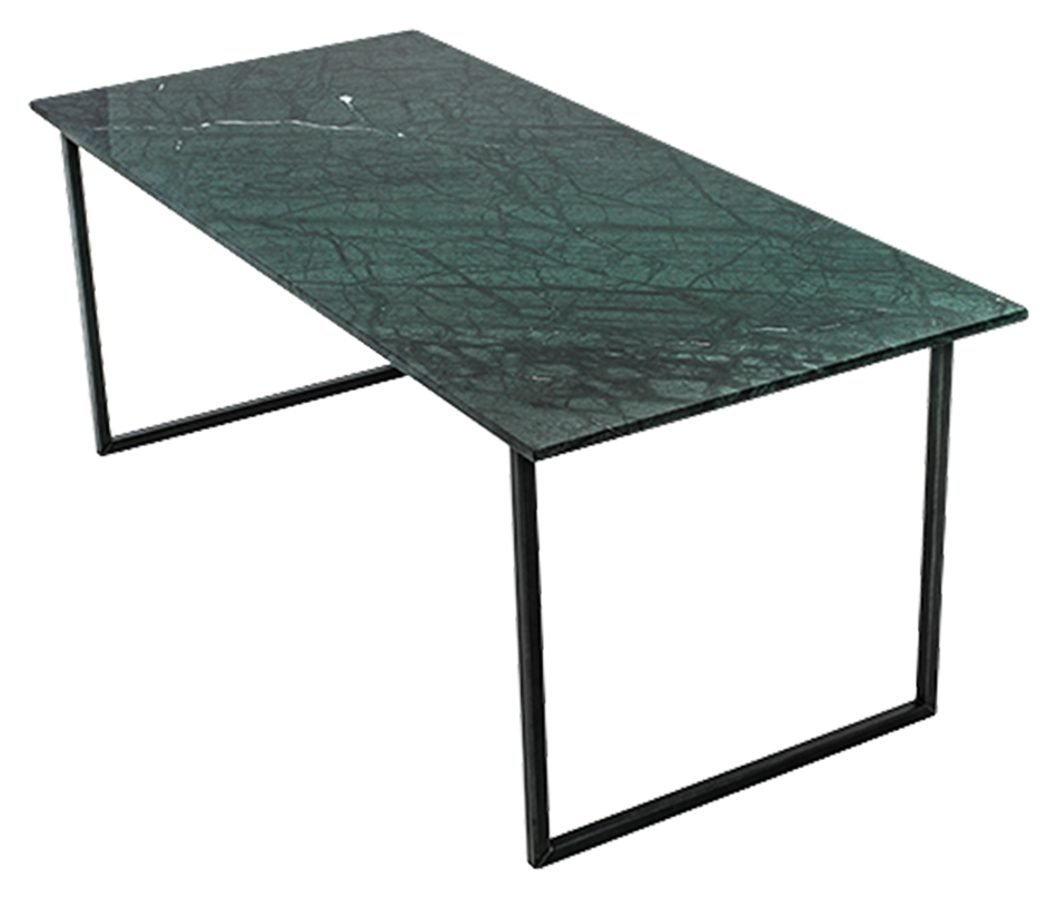 Light-stained India Green marble rectangular dining table with U-frame base, size 140x80 cm, glossy finish and elegant design.