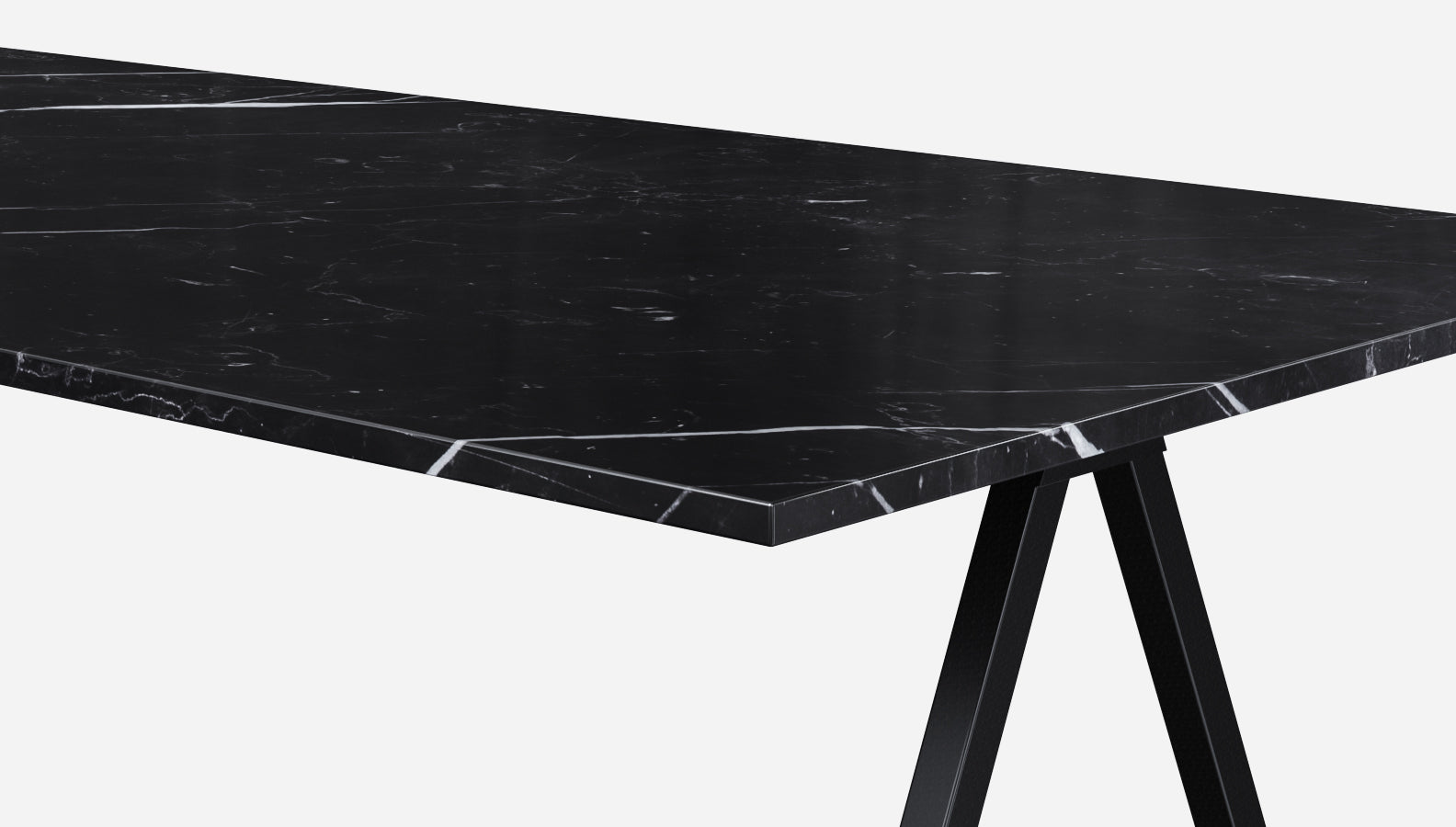Glossy Nero Marquina marble office desk measuring 140x80cm, modern black marble surface perfect for contemporary workspaces.