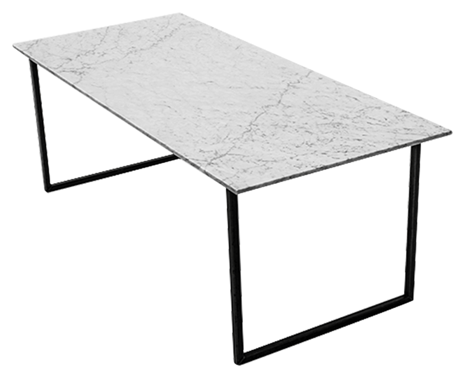 Glossy rectangular marble dining table with Bianco Carrara white top and U-shaped frame, ideal for modern dining spaces.