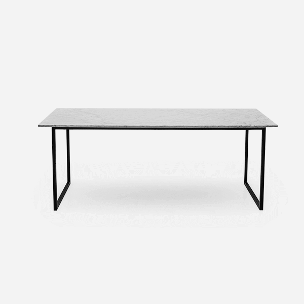Rectangular marble dining table with glossy Bianco Carrara white surface and U-shaped frame, ideal for modern dining rooms.