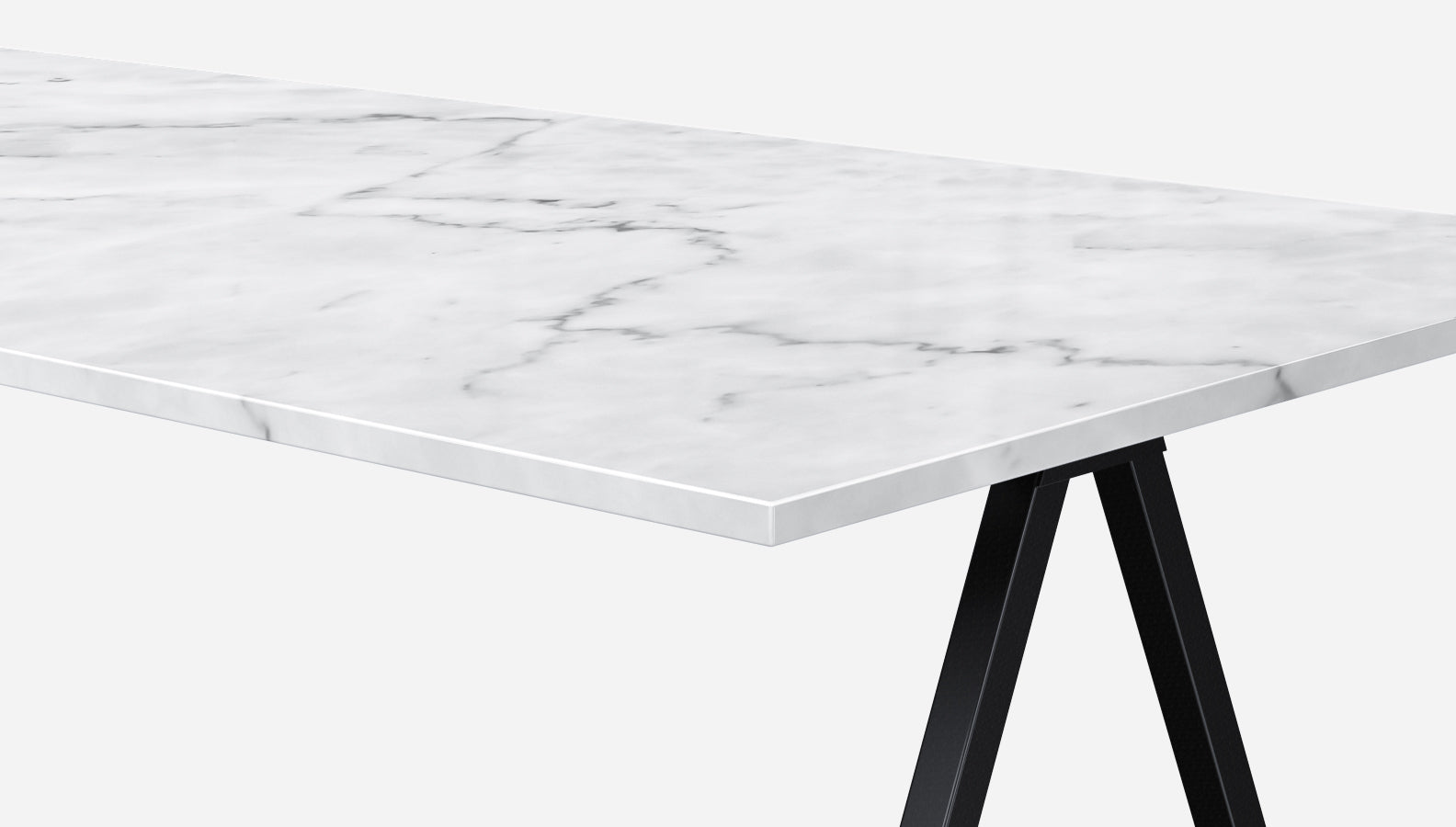 Glossy rectangular marble dining table in Bianco Carrara White with V-frame design, ideal for elegant dining spaces.