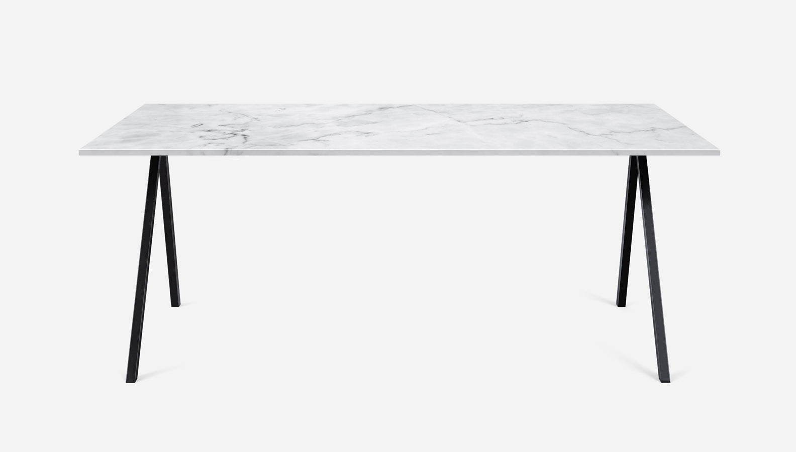 Rectangular Bianco Carrara White marble dining table with glossy finish and V-frame base, perfect for modern dining rooms.