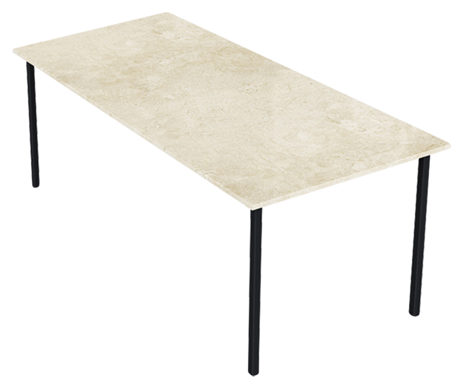 Rectangular Crema Marfil beige marble dining table with four legs, glossy finish, natural stone surface, and modern design.