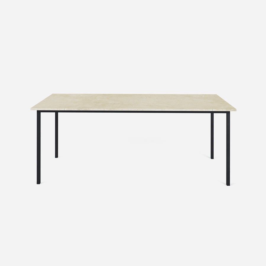 Rectangular Crema Marfil beige marble dining table with four legs, glossy finish, ideal for modern dining rooms.