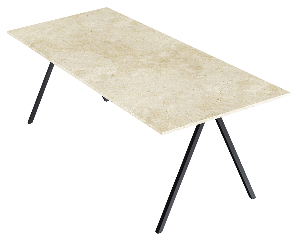 Rectangular Crema Marfil beige marble dining table with glossy finish and V-frame design for elegant dining room decor.