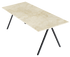 Rectangular Crema Marfil beige marble dining table with glossy finish and V-frame design for elegant dining room decor.