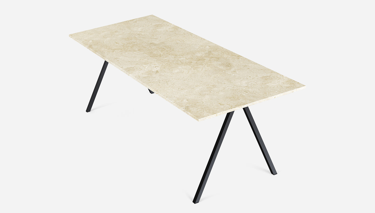 Rectangular marble dining table with Crema Marfil beige marble top and V-frame legs, glossy finish, by My Store.