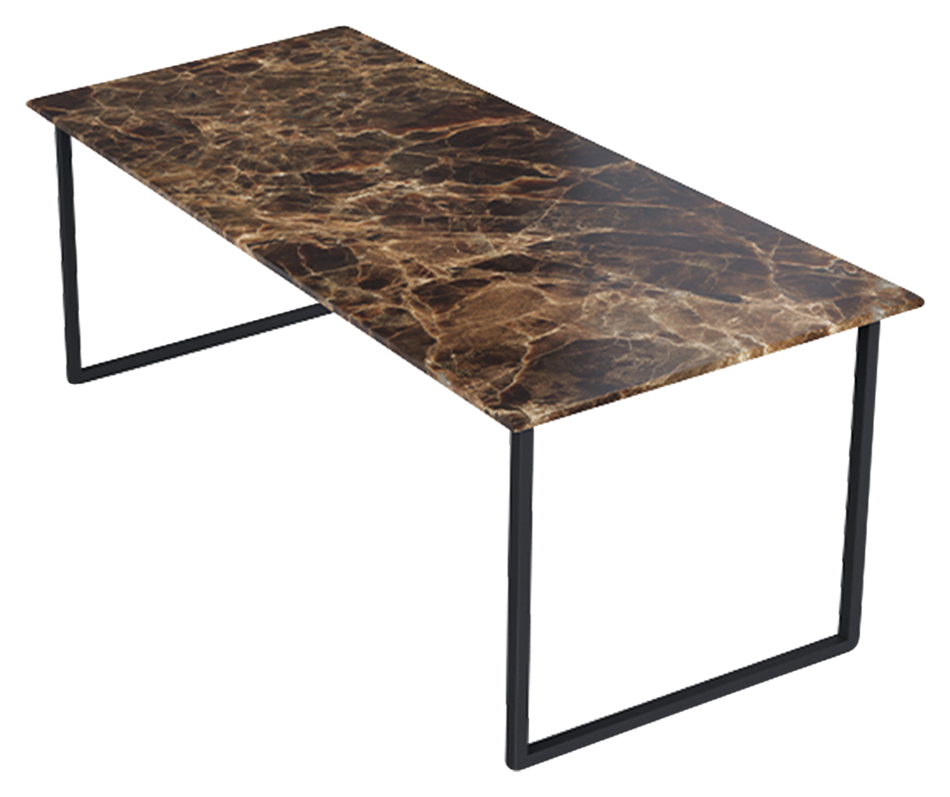 Dark Emperador brown rectangular marble dining table with glossy surface and U-frame design, perfect for modern dining spaces.