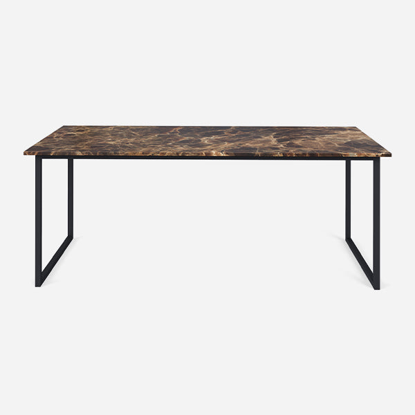 Rectangular dark Emperador brown marble dining table with U-frame base, glossy finish, designed for elegant dining spaces.