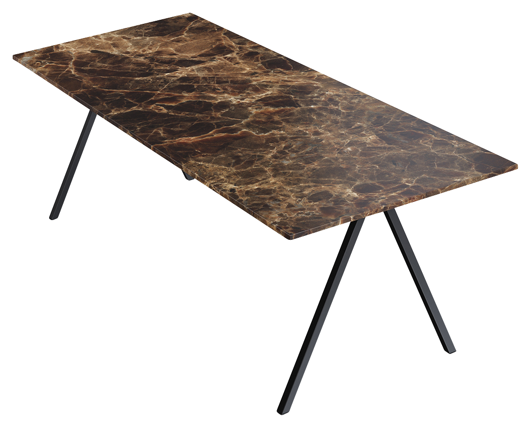 Dark Emperador brown rectangular marble dining table with glossy finish and V-frame design, ideal for modern dining rooms.