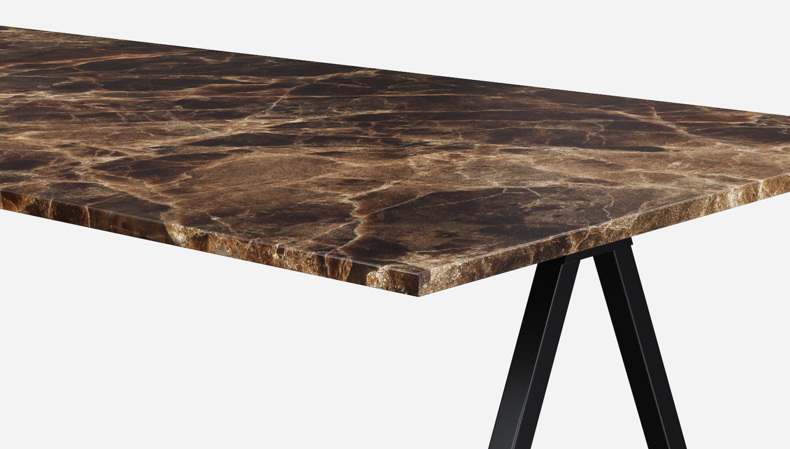 Dark Emperador brown marble rectangular dining table with V-frame legs, glossy finish, ideal for elegant dining spaces.