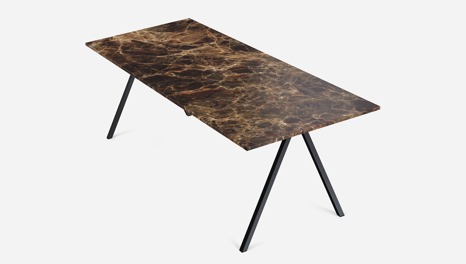 Rectangular marble dining table with dark Emperador brown marble top and V-frame legs, measuring 140x80 cm.