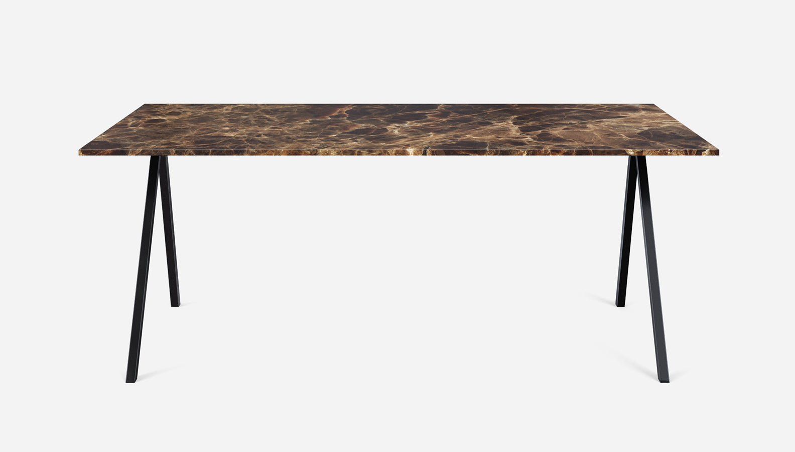 Rectangular marble dining table with dark Emperador brown surface, V-frame legs, glossy finish, measuring 140x80 cm.