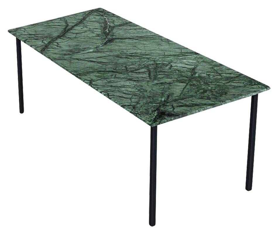 Rectangular India Green marble dining table with four legs, glossy finish, ideal for modern dining spaces.