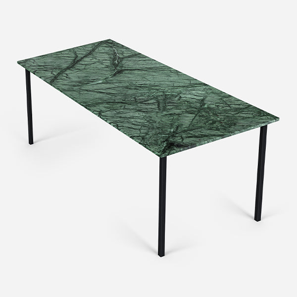 Rectangular India Green marble dining table with glossy finish and four-legged design, ideal for modern dining rooms.