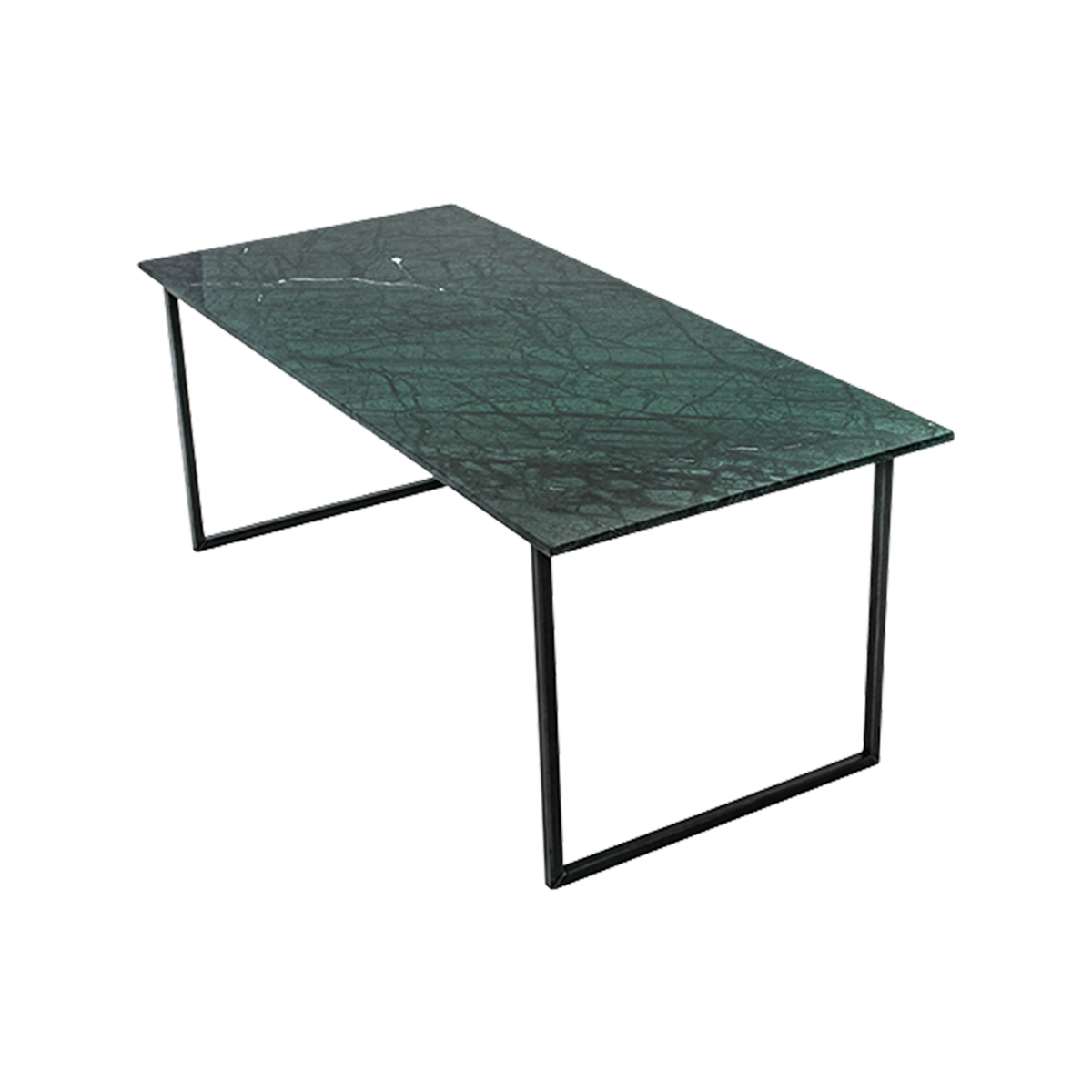 Glossy rectangular marble dining table with India Green marble top and U-shaped frame, ideal for modern dining spaces.