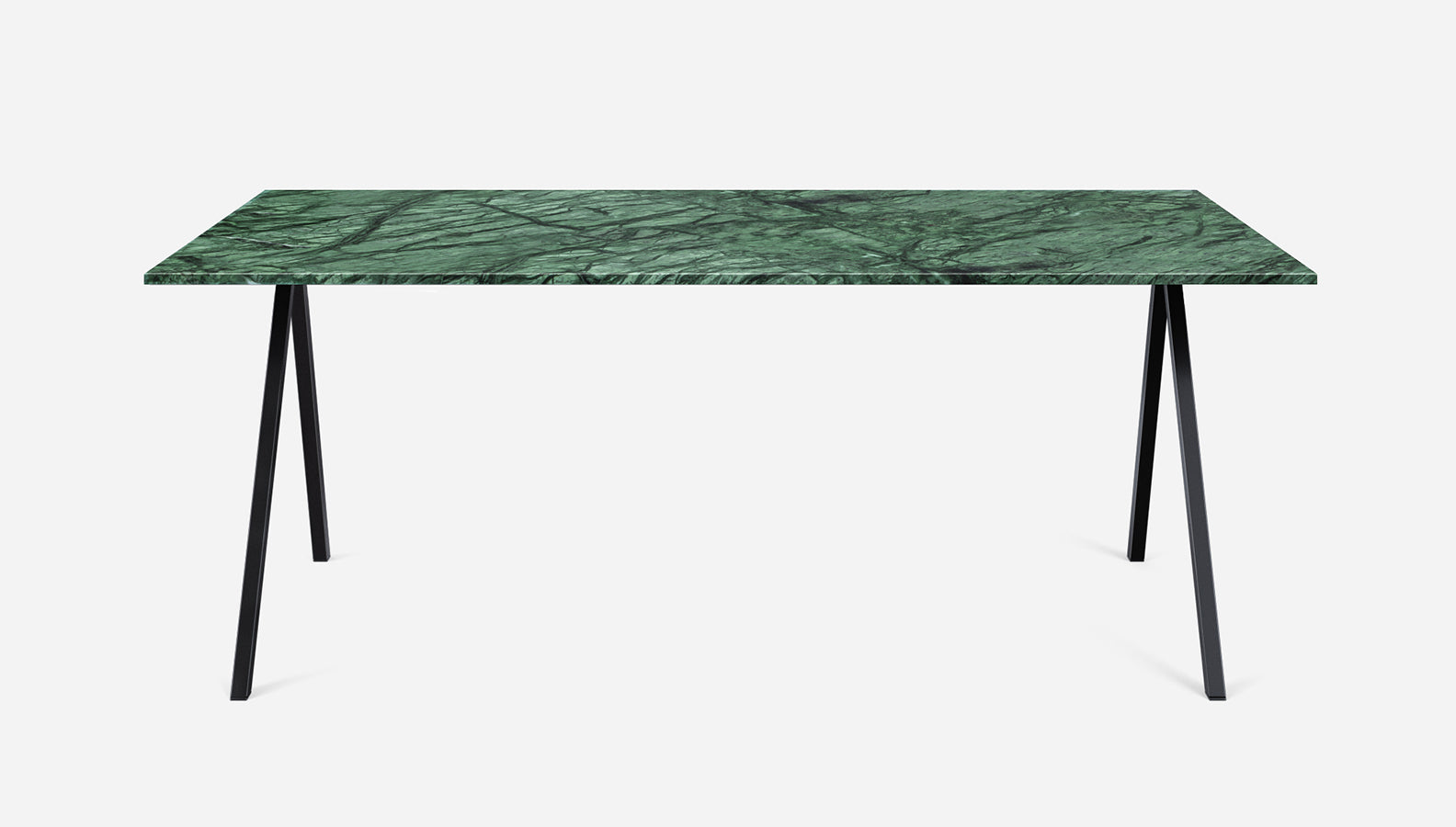 Glossy rectangular marble dining table in India Green with V-frame, showcasing a sleek, modern design for stylish dining spaces.