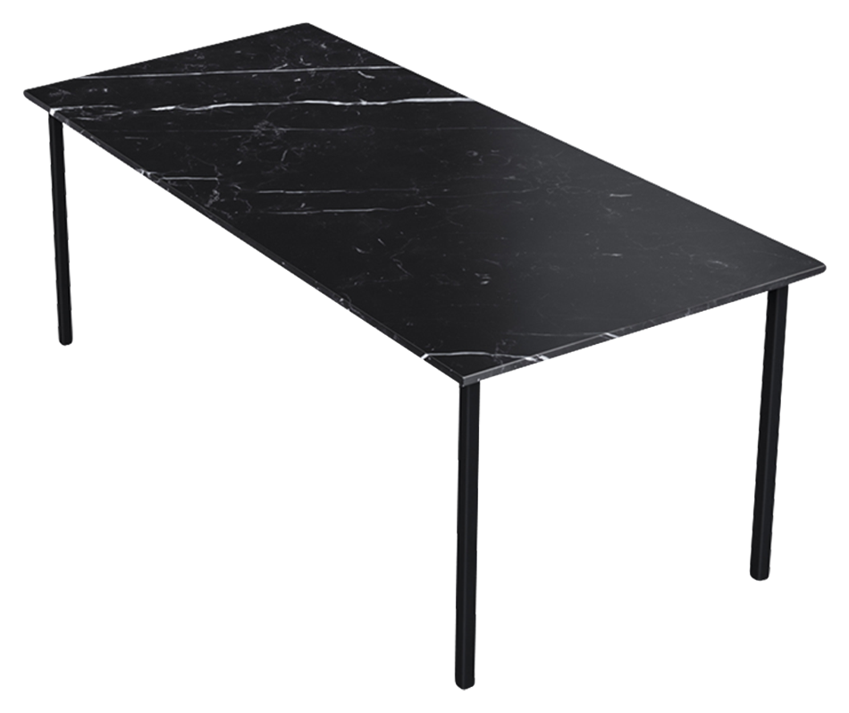 Rectangular Nero Marquina black marble dining table with four legs, glossy finish, ideal for modern dining rooms.