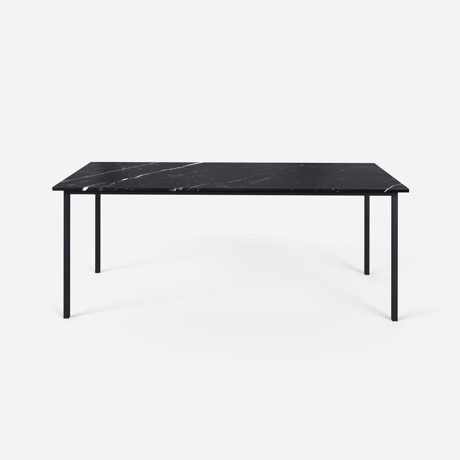 Rectangular Nero Marquina black marble dining table with four legs, glossy finish, 140x80 cm, modern design for dining room.
