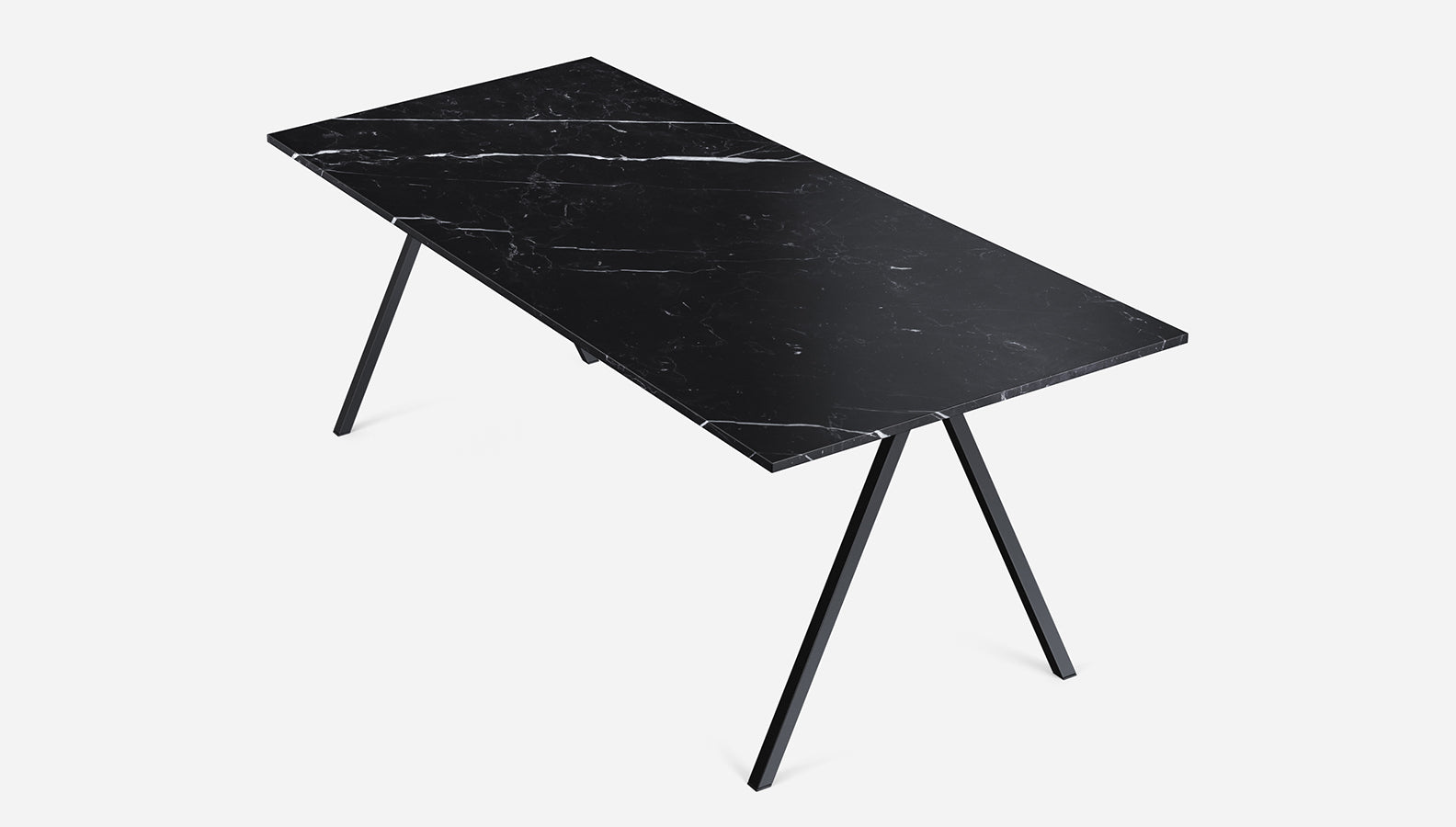 Rectangular Nero Marquina black marble dining table with glossy finish and V-frame design for modern dining spaces.
