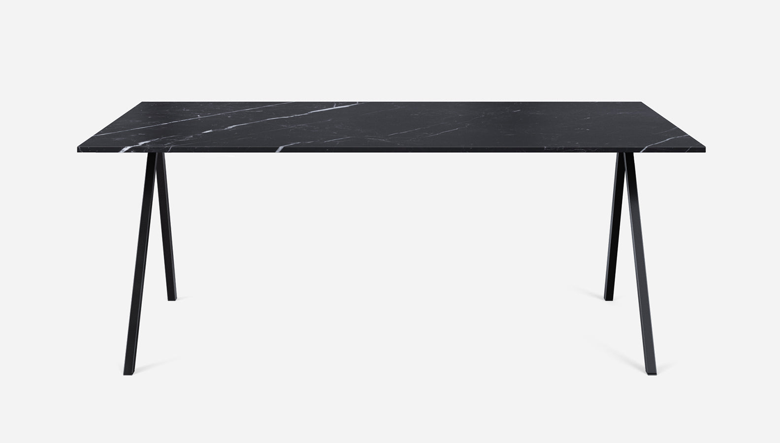 Rectangular Nero Marquina black marble dining table with V-frame design, glossy finish, 140x80 cm, modern and elegant.