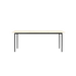 Marble dining table with travertine surface and four wooden legs, modern style, shown in a well-lit dining room setting.