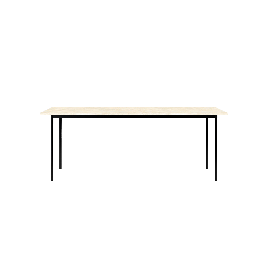 Marble dining table with travertine surface and four wooden legs, modern style, shown in a well-lit dining room setting.