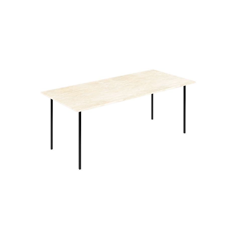 Travertine marble dining table with four legs, 140x80 cm, showcasing elegant natural stone surface and sturdy wooden legs.